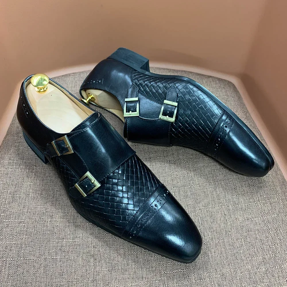Classic Mens Dress Shoes Genuine Leather Double Buckle Monk Strap Cap Toe Blue Black Wedding Business Formal Suit Shoes for Men