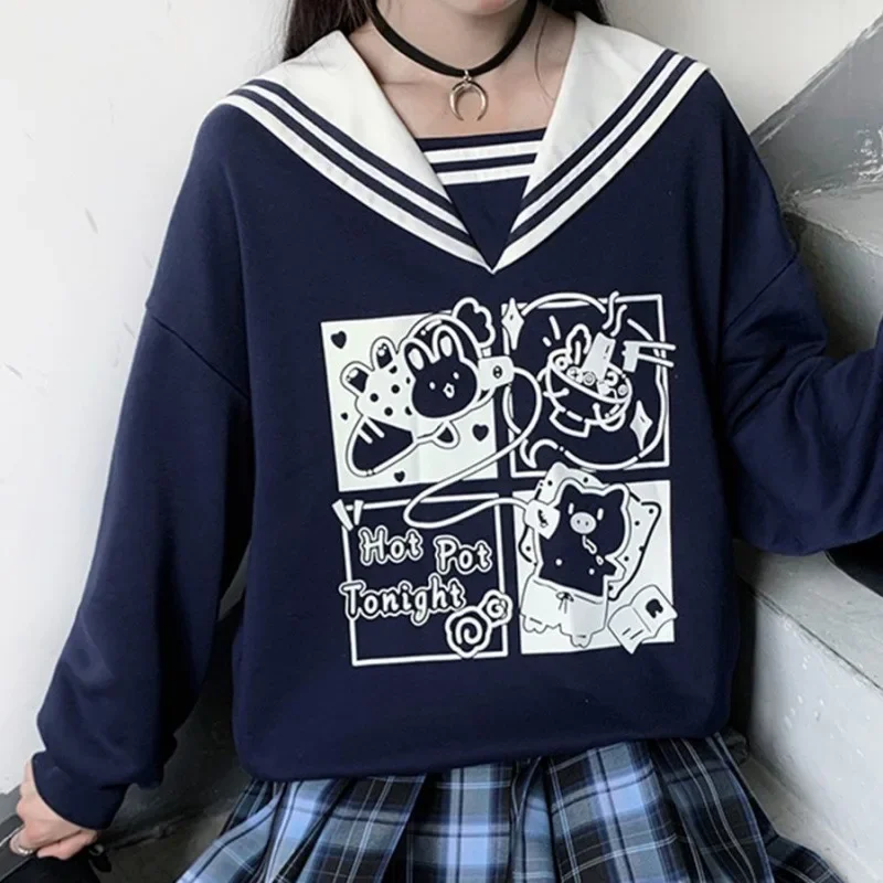 Kawaii Navy Collar JK Sweatshirts Sweet Girl Cartoon Printed Loose Leisure Pullovers Autumn Winter Women Cute Fashion Chic Tops