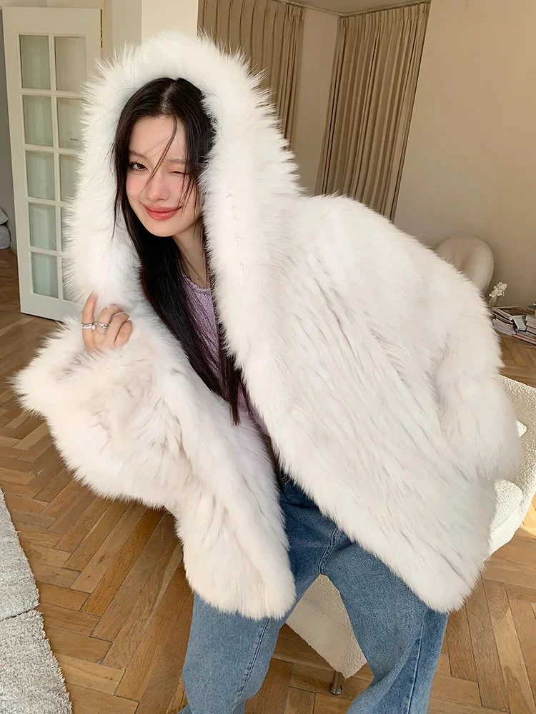 

Hooded Thick Fur Coat Women High-quality Fashion Double-sided Natural Fox Warm Fluffy Winter Woven Jacket Female