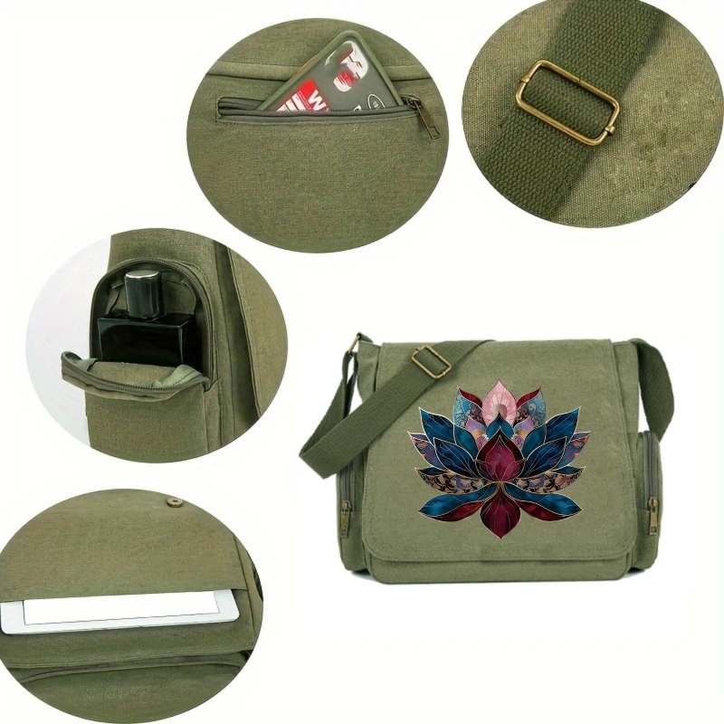 Vintage Women's Shoulder Bag Canvas Lotus Print Large Capacity Crossbody Bag for Travel Messenger Bag