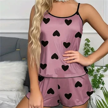 Women's Pajama Set – Heart Print Ice Silk Pajamas, Shorts & T-Shirt Summer Sleepwear