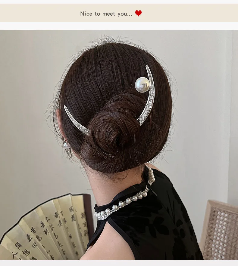 Neue Frauen Haar Gabeln Alte Stil Haar Ornament Haar Stick Silber Legierung Mond Halbkreis Förmigen Haar Schmuck Zubehör Haarnadel – Detail 1