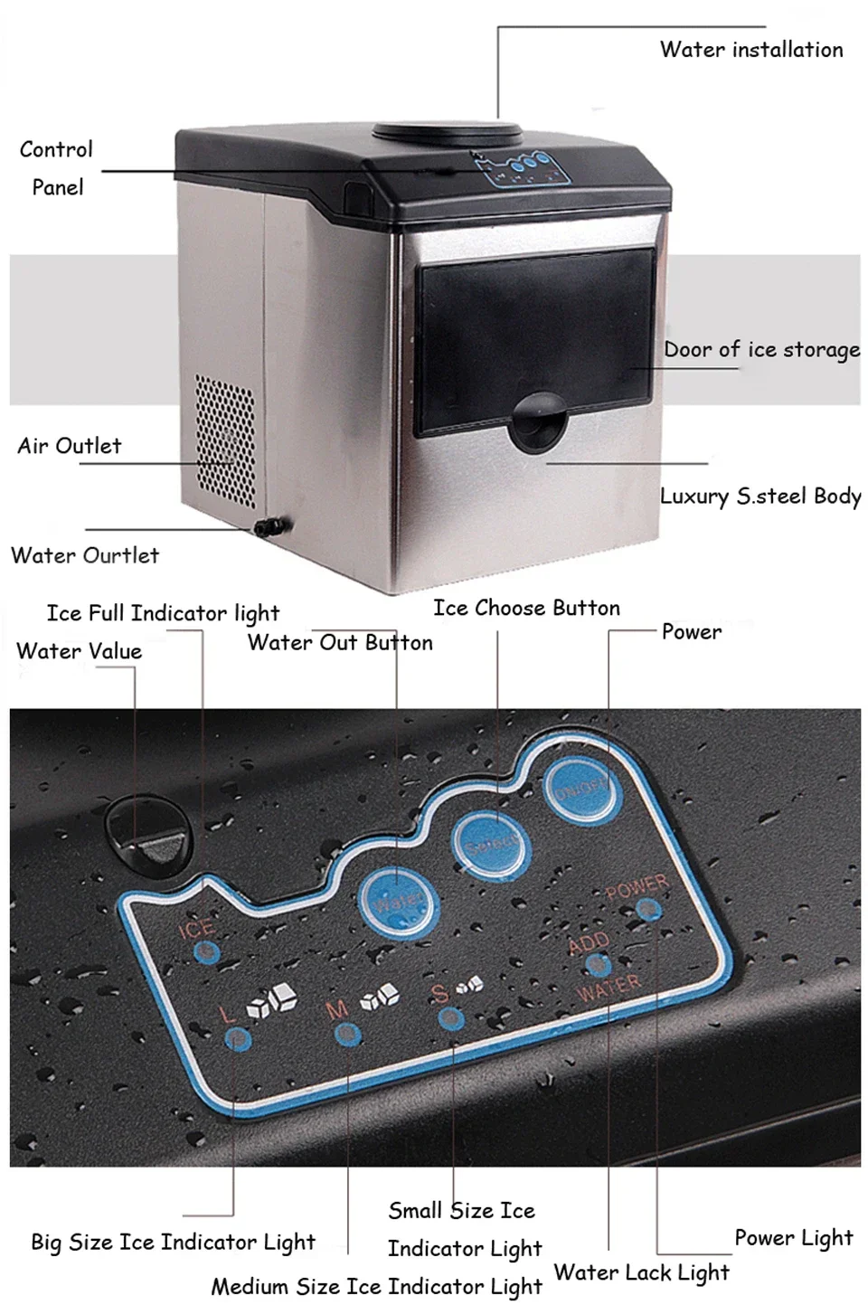 HZB25 Compact Countertop Ice Maker, 30kg in 24Hrs, 12 Bullet Ice Cubes Lightweight Portable Basket, with Cold Water Valve