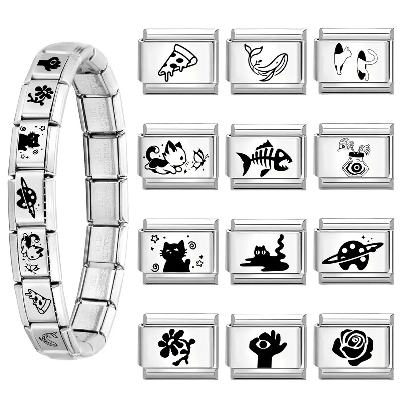Laser Engraving Cute Cartoon Black Playing Cats Italian Charm Links Fit 9mm Stainless Steel Bracelet Men Women DIY Making Gifts