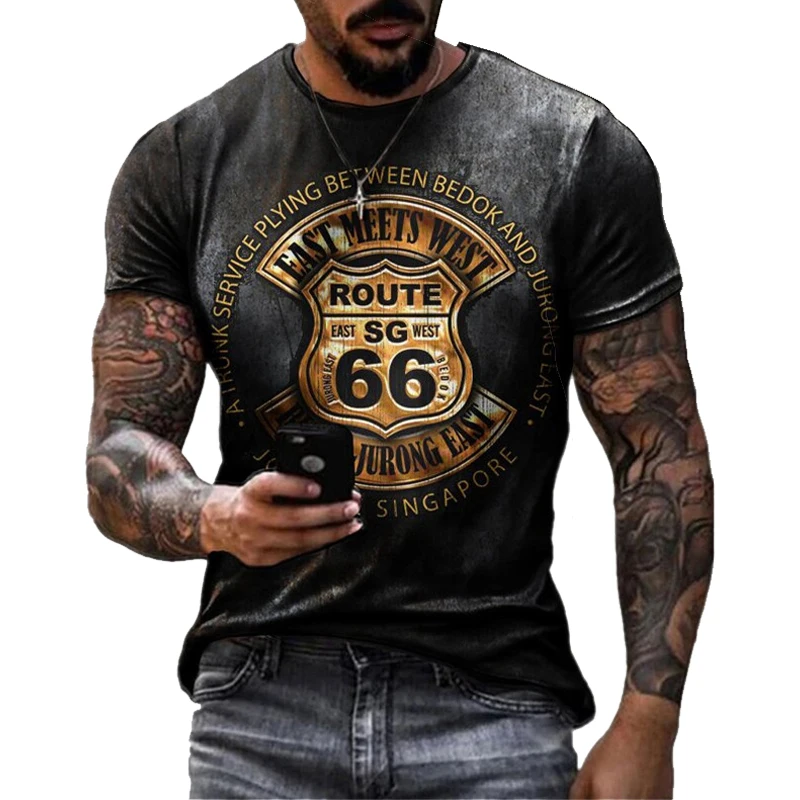 

Cool Summer Men's T Shirts Oversized Loose Clothes Vintage Short Sleeve Fashion America Route 66 Letters Printed O Collared T Sh