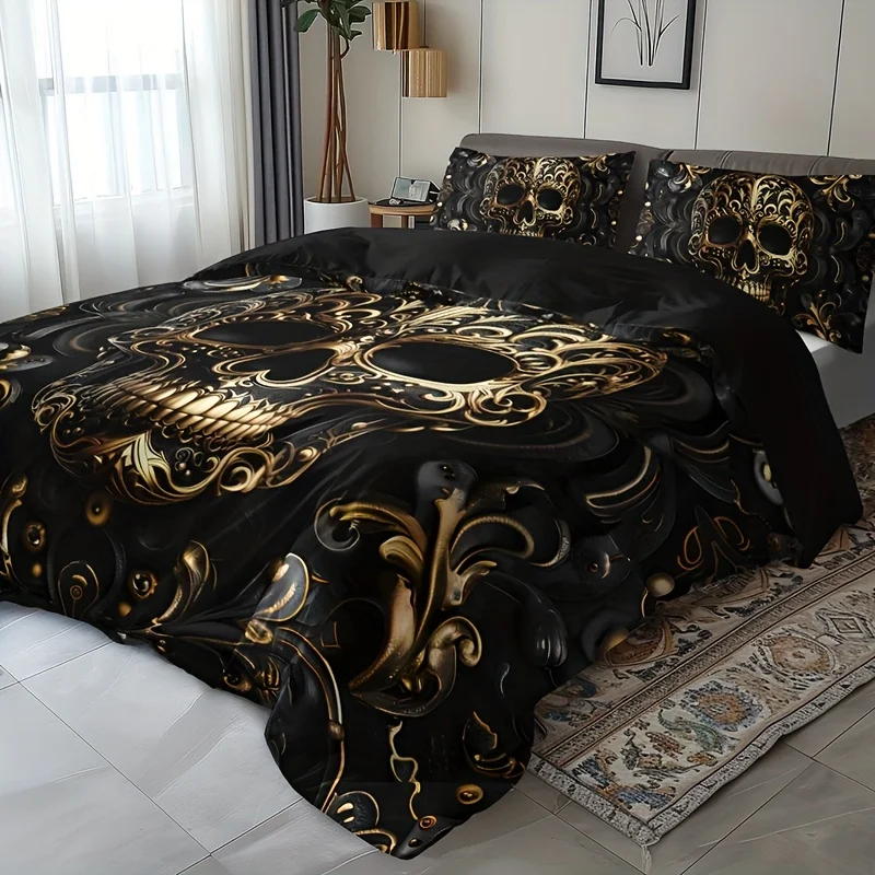 3Pcs Metallic Skull Duvet Cover Set, Black Golden Gothic Design Breathable Polyester Bedding with Pillowcases, Machine Washable