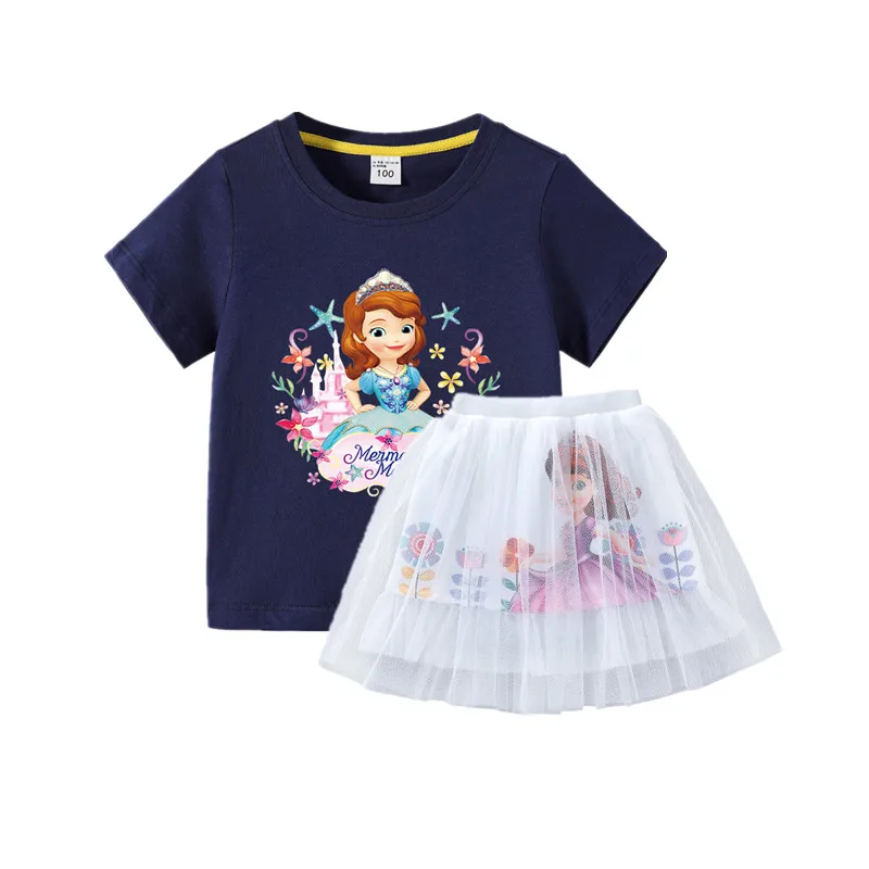 Summer Kids Clothes Sofia Princess Shirt&mesh Tutu Skirt Two Piece Korean Fashion Little Girls Outfits Set Pretty Party Clothing baby outfit sets girl Clothing Sets