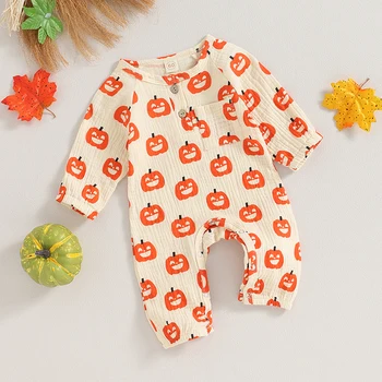 Baby Jumpsuit Long Sleeve Crew Neck Pumpkin Bat Print Newborn Romper Halloween Baby Clothes for Girls Boys 3