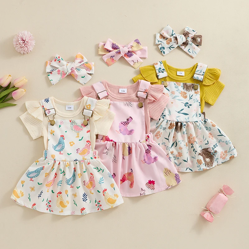

Baby Girl Summer Outfits Solid Color Ribbed Knit Romper Chicken Print Suspender Skirt Headband 3Pcs Clothes Set