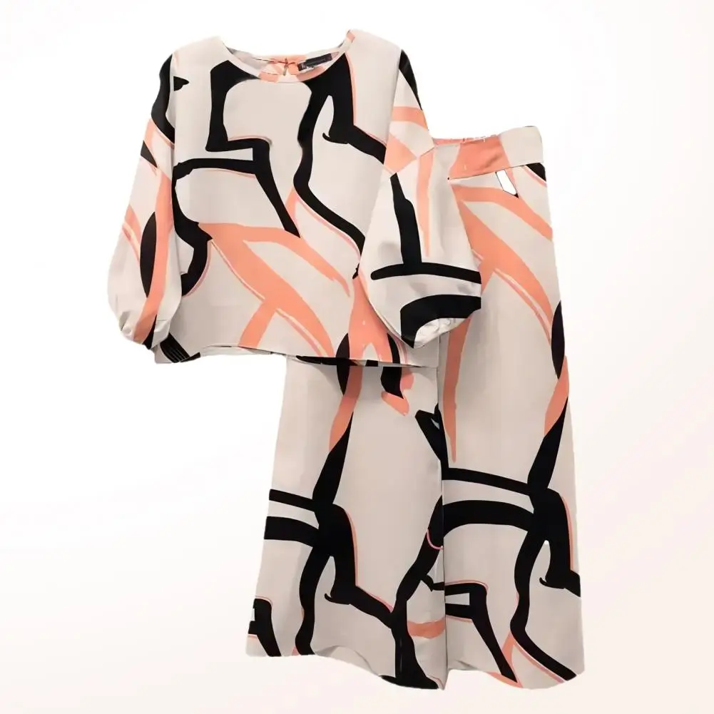

Casual Women Outfit Bohemian Floral Pattern Women's Outfit Set with 3/4 Sleeve Blouse Wide Leg Pants Vintage Matching for Casual