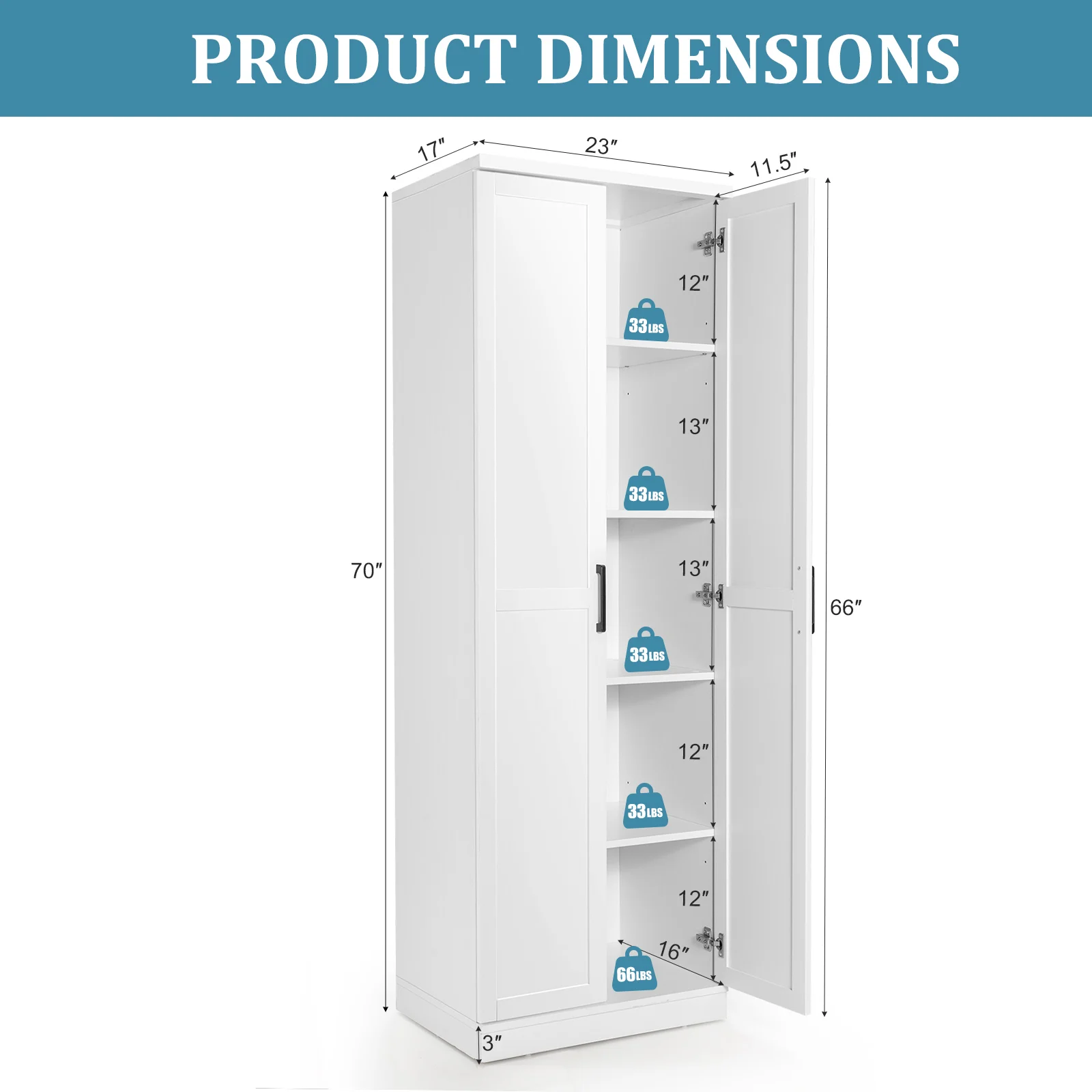 70" Storage Cabinet Freestanding Pantry Cabinet w/2 Doors & 5 Shelves White 2