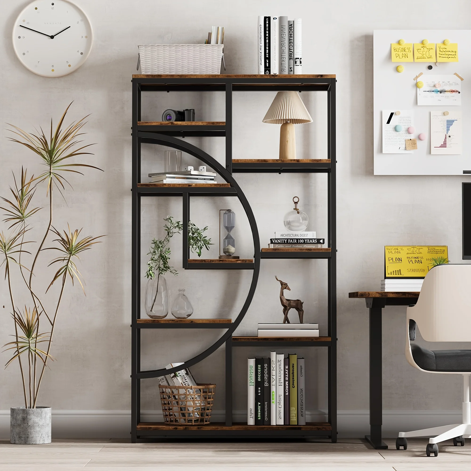 

1pc 1pc Industrial 9-Tier Bookshelf, Rustic Brown Wooden Open Display Shelf With Unique Moon Design, Metal Frame, For Home Offic