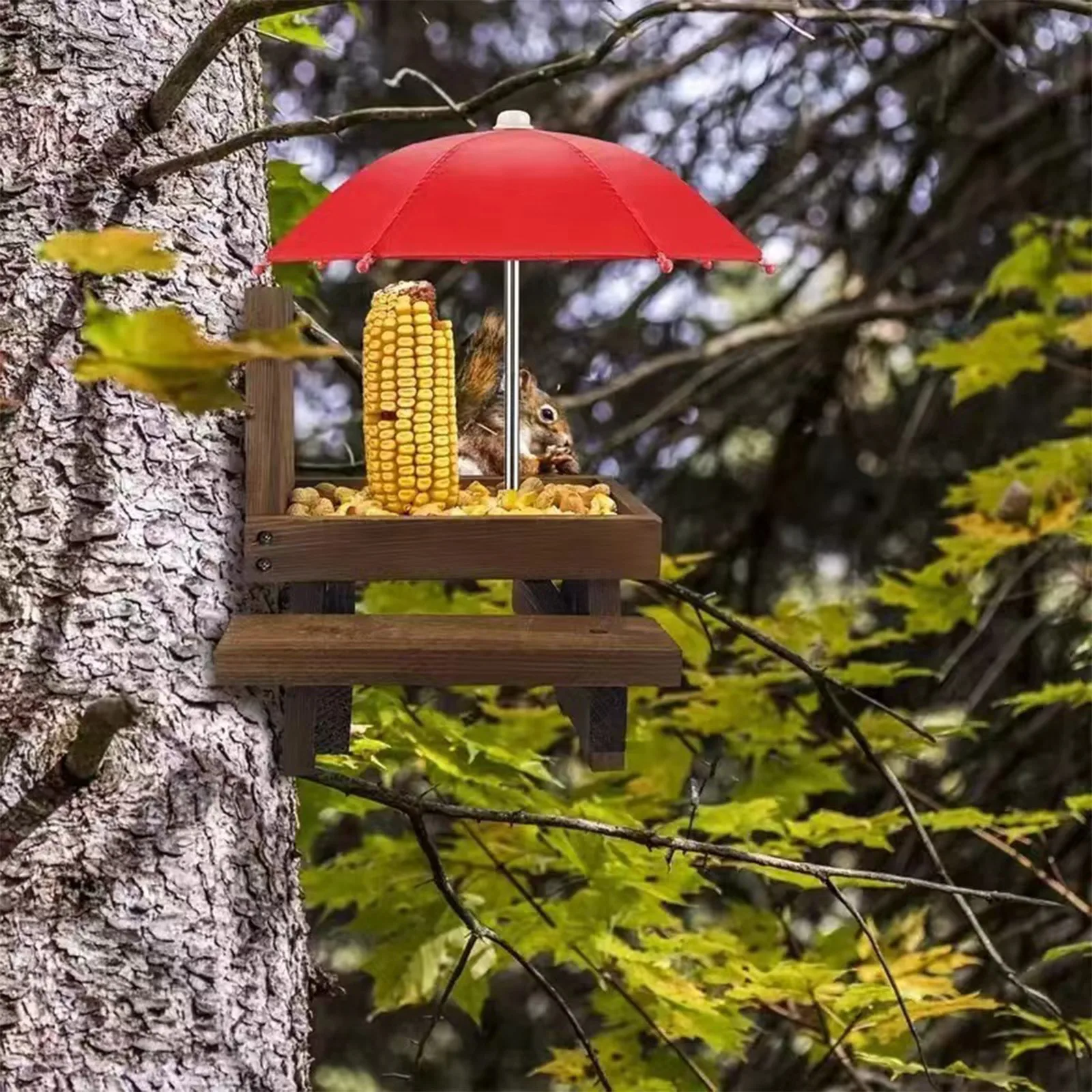 Squirrel Feeder In Stock Outdoor animal Wooden Squirrel Feeder Pet Dining Table With Bench an umbrella Bracket Feeding Table
