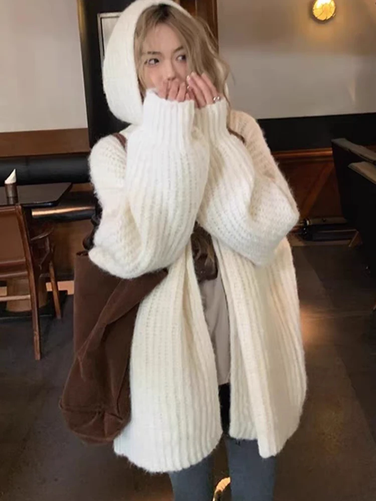 Fashion New Women's Loose Long Sleeve Elegant Cardigan Sweater Hooded Lantern Sleeve Solid Color Knitted Casual Top