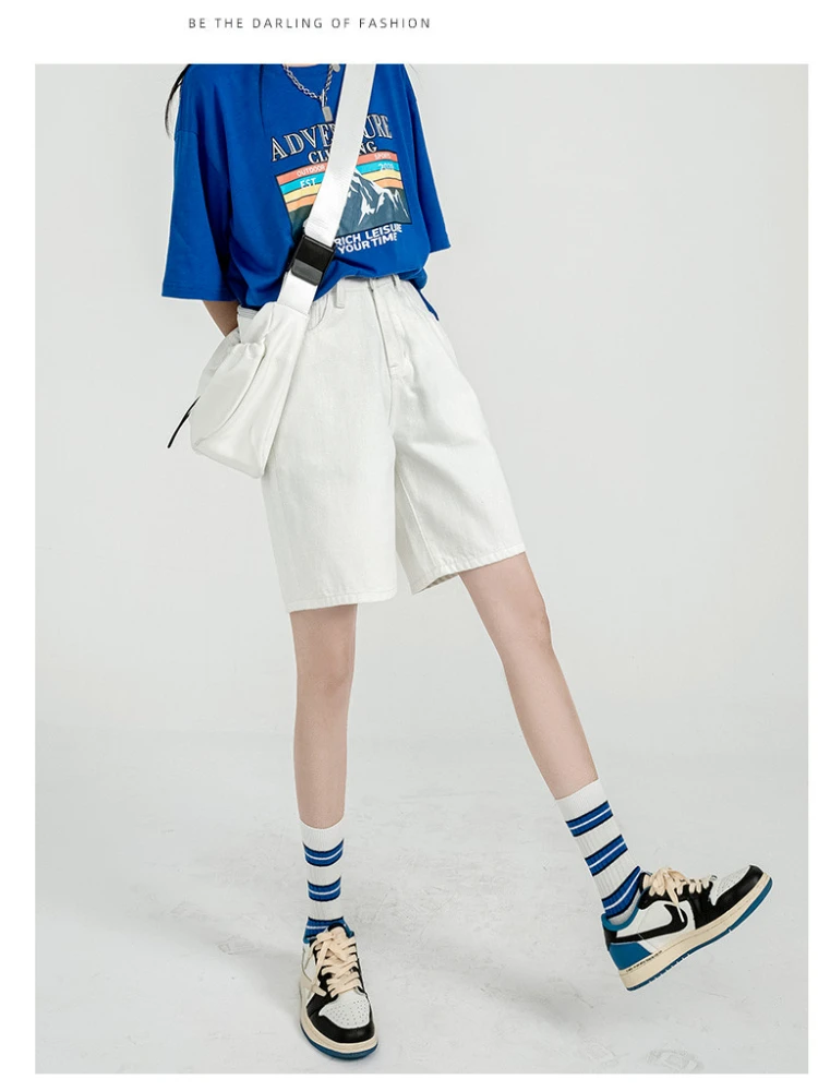 Shorts Women's Blue Washed Cotton Loose Learning Spring and Summer New Small Straight Jeans Button Design Thin High Waist Pants