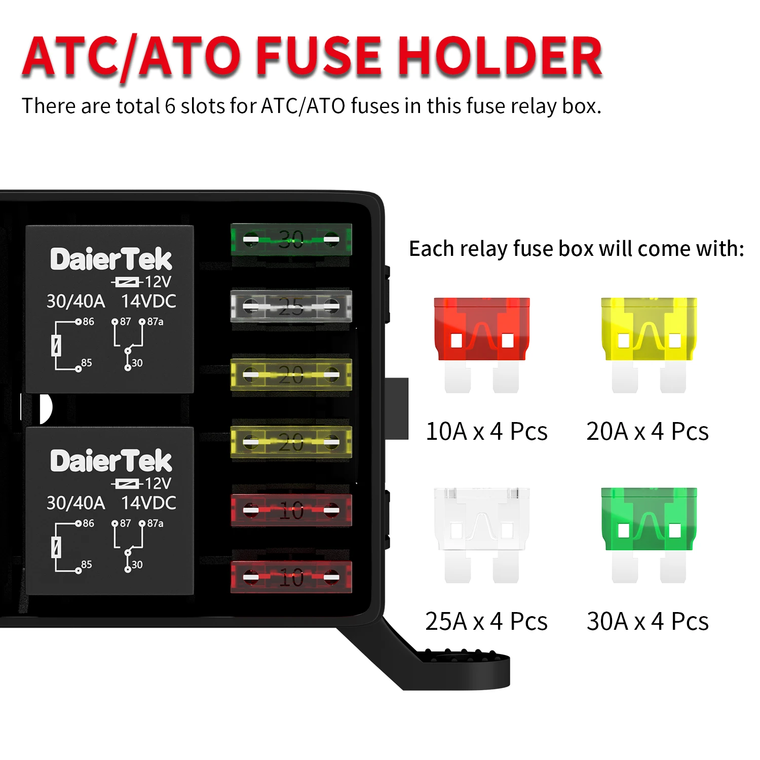 12V Relay Box 6 Way Universal Relay Fuse Box 6 Slots Block ATC/ATO Fuse Block with Waterproof Kit for Car Truck