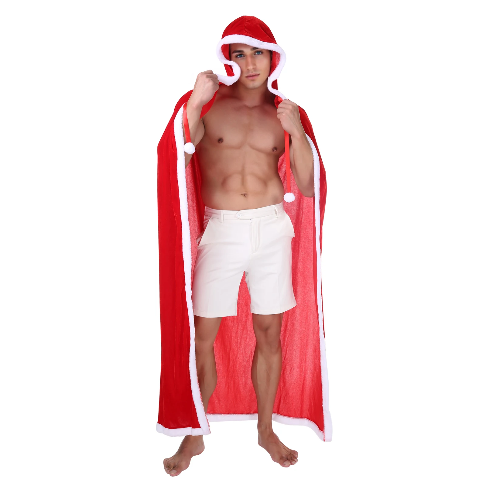 Santa Claus Man Long Robe Hooded Cloak Sexy Men Cosplay
