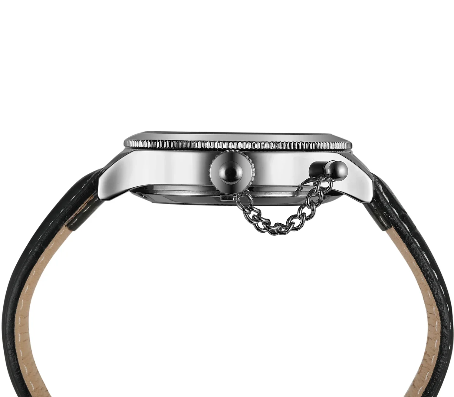 FOESINING Modische, lässige Herrenuhr, silbernes, rundes Gehäuse und Zifferblatt, schwarzes Lederarmband, automatische, mechanische Uhr, Urlaubsgeschenk_voghion.com