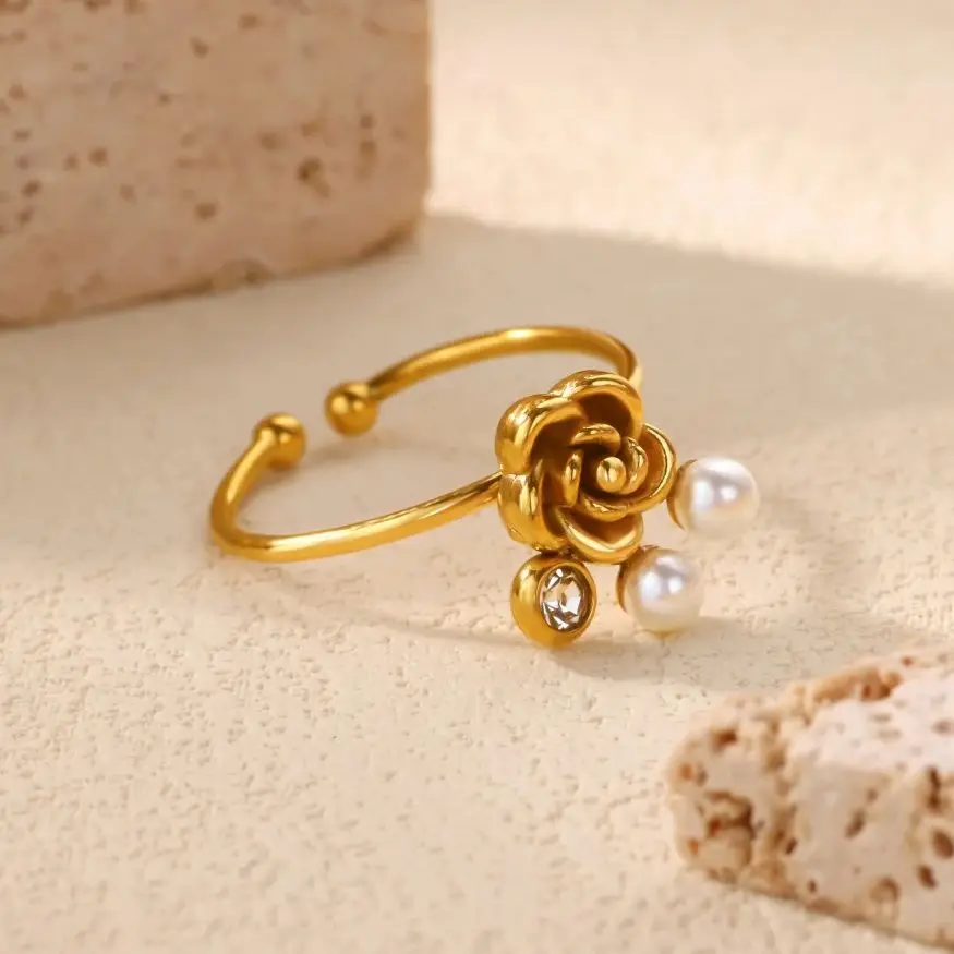 Rose Pearl Flower Shape Ring Women Gold Color Adjustable Stainless Steel