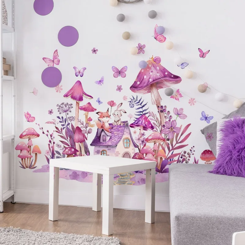 Cartoon Kawaii Pink Purple Mushroom House Cute Animal Butterfly Wall Sticker for Kids Room Living Room Decorative Home Decor