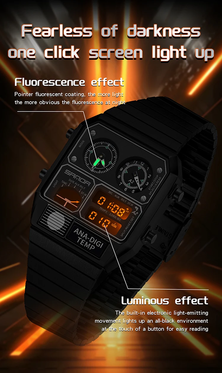 SANDA Electronic Watch Men Square Steel Band Digital Wristwatch Temperature Measurement Stopwatch Timing Multifunctional Watch