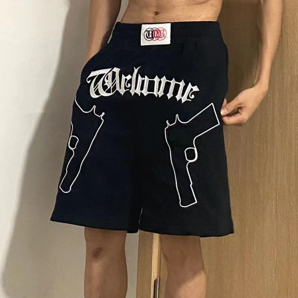 American Hip-hop Street Embroidery Casual Sports Shorts All-match Men's Summer Loose Y2K Thin Straight Casual Five-point Pants