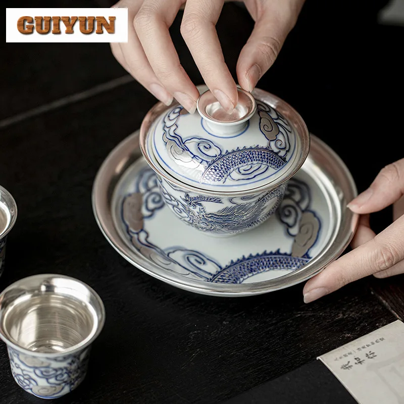 150ml Chinese Zen Dragon Gaiwan Handmade Gilded Silver Tea Bowl Tea Tureen Household Brewing Cover Bowl Cha Items Gift