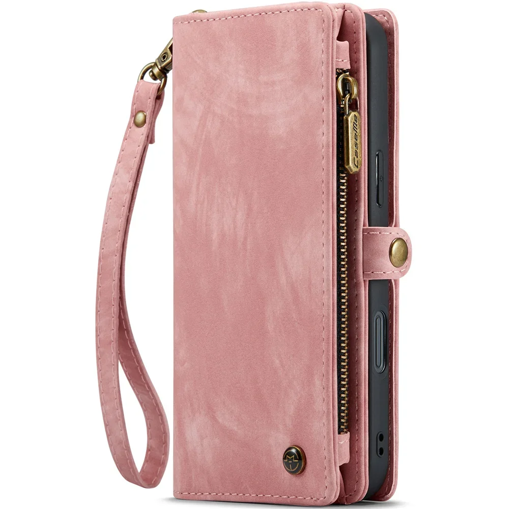 Luxury Leather Wallet Phone Case with Detachable Magnetic Zipper and Card Holder