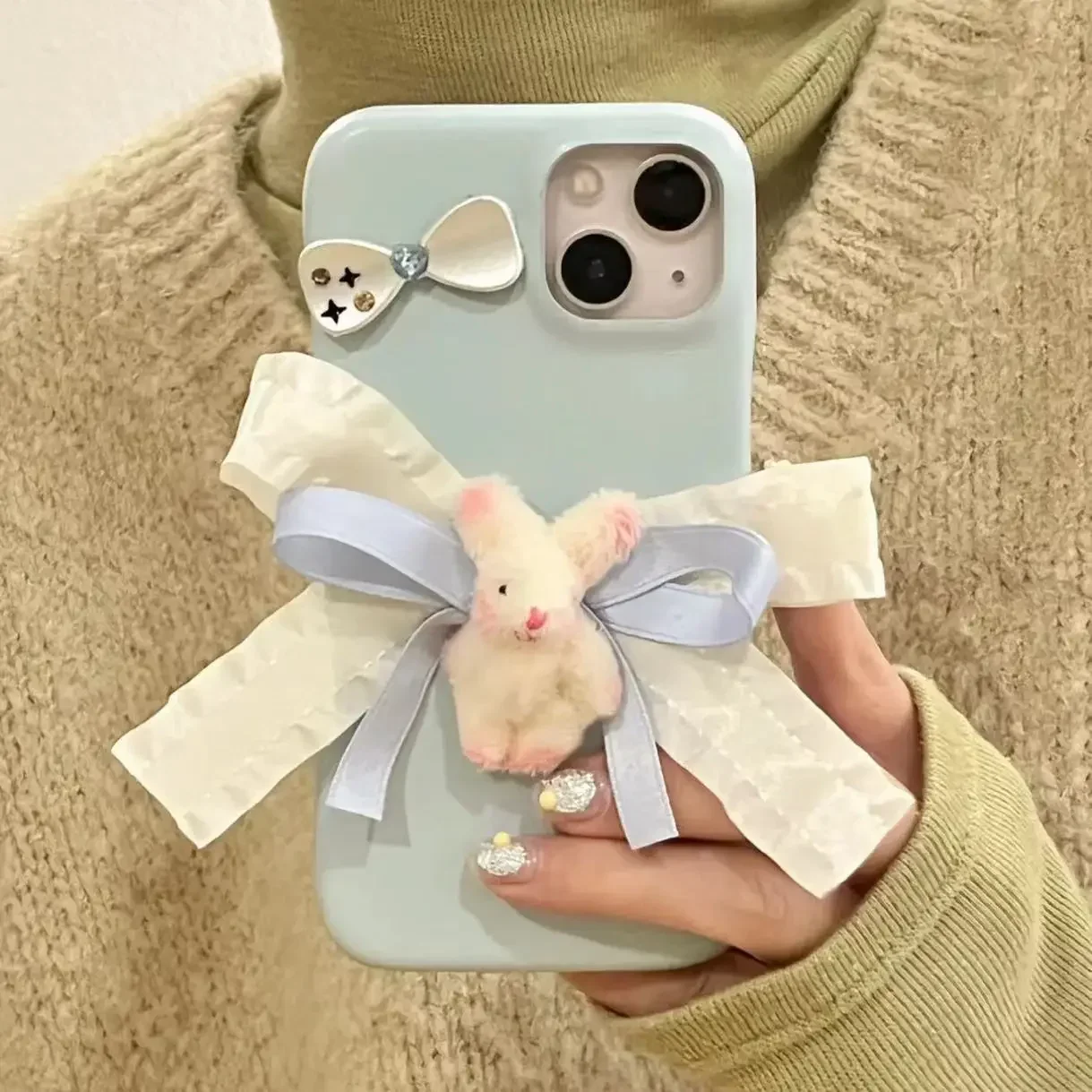 

Korea Ins Faux Leather Bow Rabbit Suitable for IPhone 15/14 Promax Phone Case IPhone 13 Blue Yellow 12/11 New Cute Phone Case