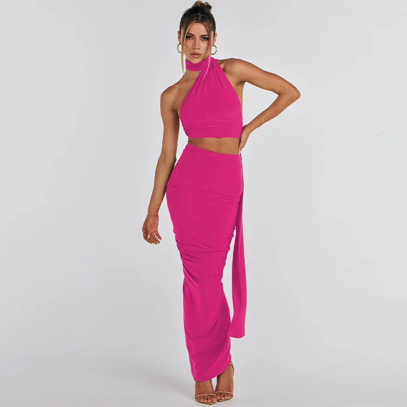 2023 Elegant Summer 2 Piece Outfit Halter Crop Top And Long Skirt Sets Two Piece Set Night Club Festival Outfit Women
