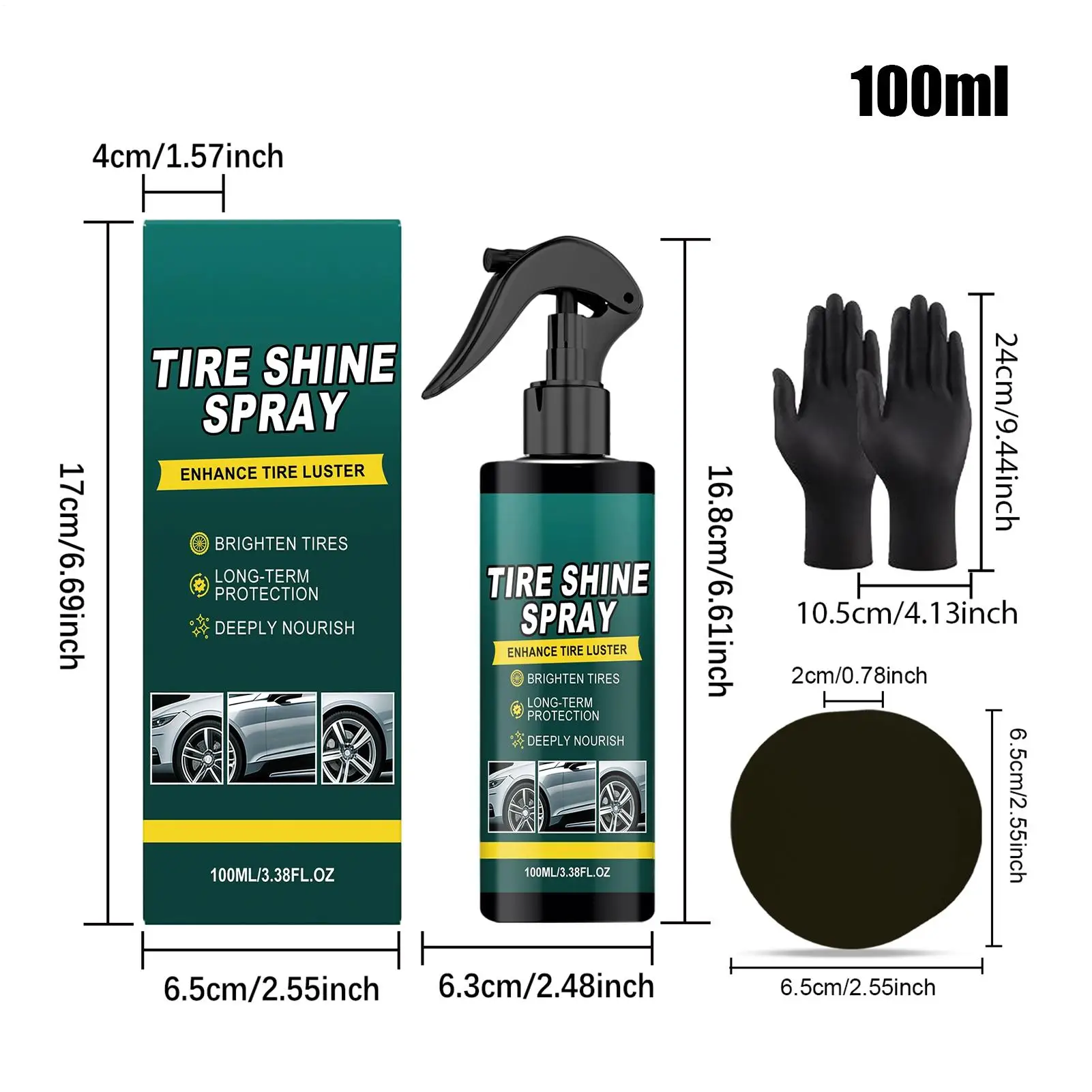 SUV 타이어 광택 스프레이 100ml (스펀지 장갑 포함) 장시간 지속되는 자동차 타이어 광택제 (세단, 트럭, RV, 오토바이, 스쿠터, ATV용)