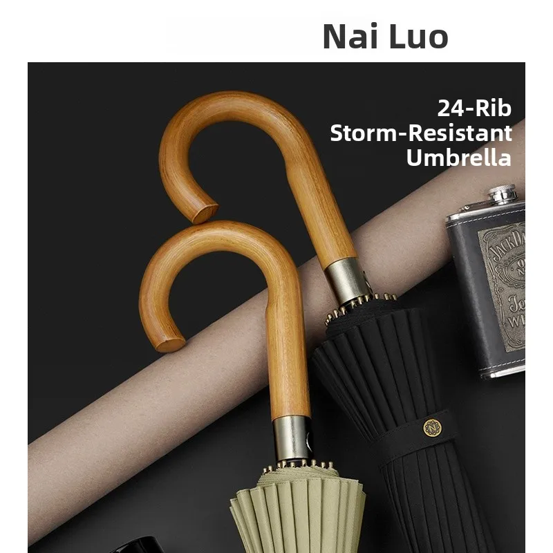 Niello 24 Rib Double Straight Sti Umbrella Busin Thiened Canvas Windproof Sunade Two-way Men's Wooden Handle Rain Um...