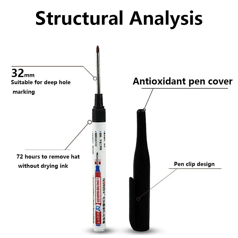 Mechanical Pencil 32mm Long Headed Deep Hole Marking Pen Set with Woodworking Mechanical Pencil Can Be Repeatedly Filled Non Dry Ink Waterproof