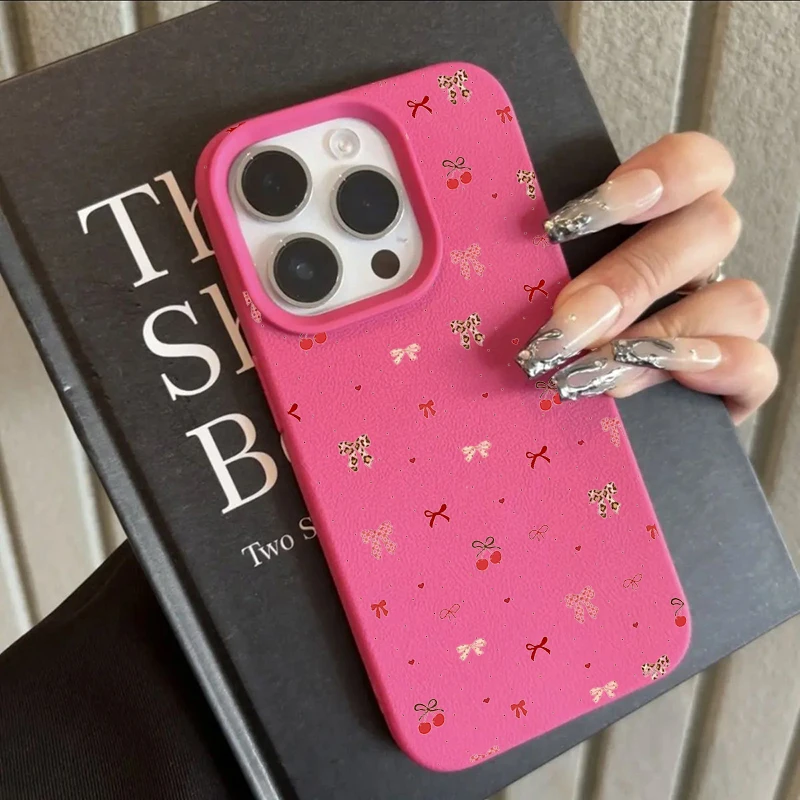 Cherry Cute Bow Shockproof Lichee Pattern Soft Phone Case Cover