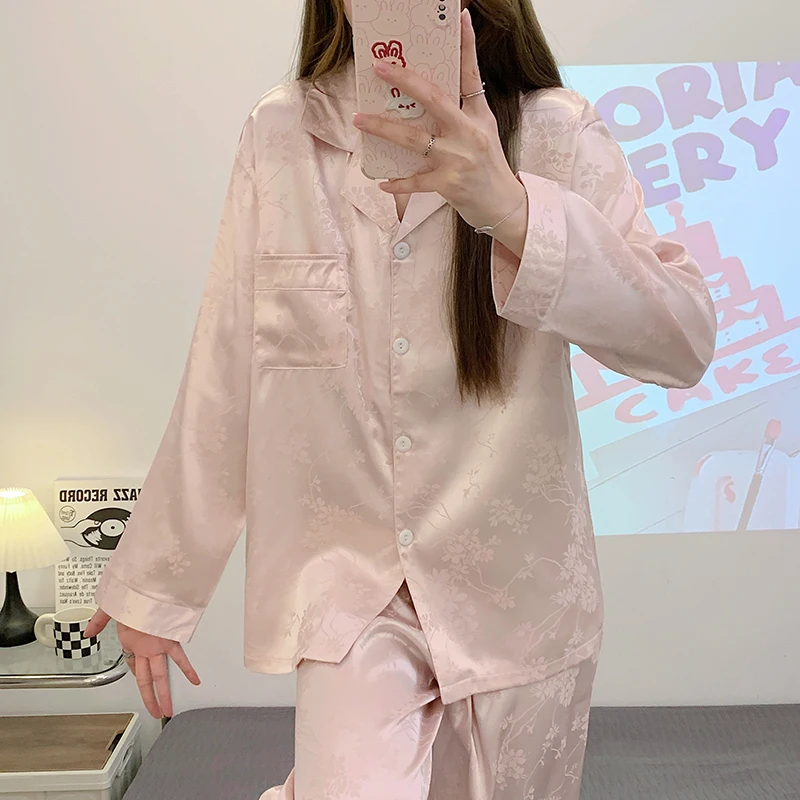 Imitation silk jacquard pajamas Women's spring thin summer long-sleeved cardigan suit Solid color ice silk ins casual home wear