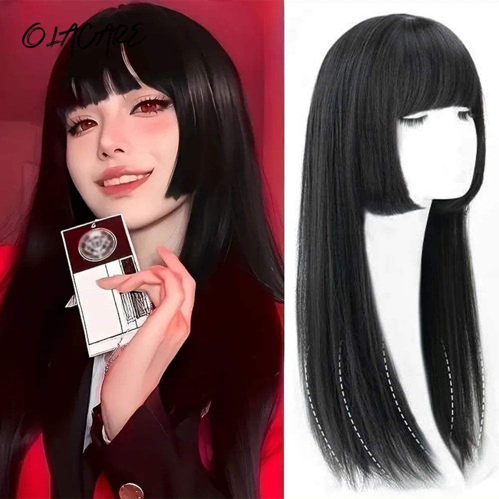 Black Synthetic Straight Wig with Bangs for Women Cosplay Party