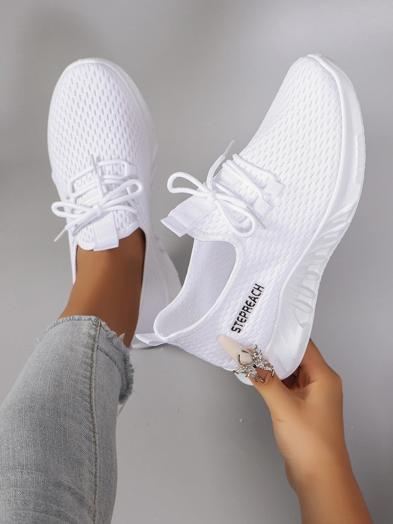 Spring new women's white casual sports shoes with lace up, comfortable, breathable, lightweight, wear-resistant, soft soled spor 6