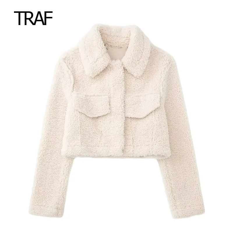 

TRAF Wool Short Coat Autumn Coat For Women 2023 Off White Long Sleeve Lapel Collar Invisible Button Fastening Front Pockets Coat