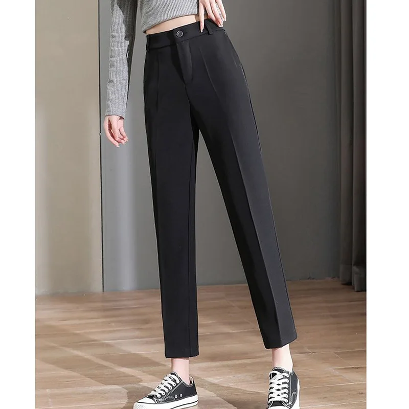 Spring Autumn Button High Waist Nine Points Trousers Womens Versatile Office Lady Zipper Pockets Off White/black Straight Pants
