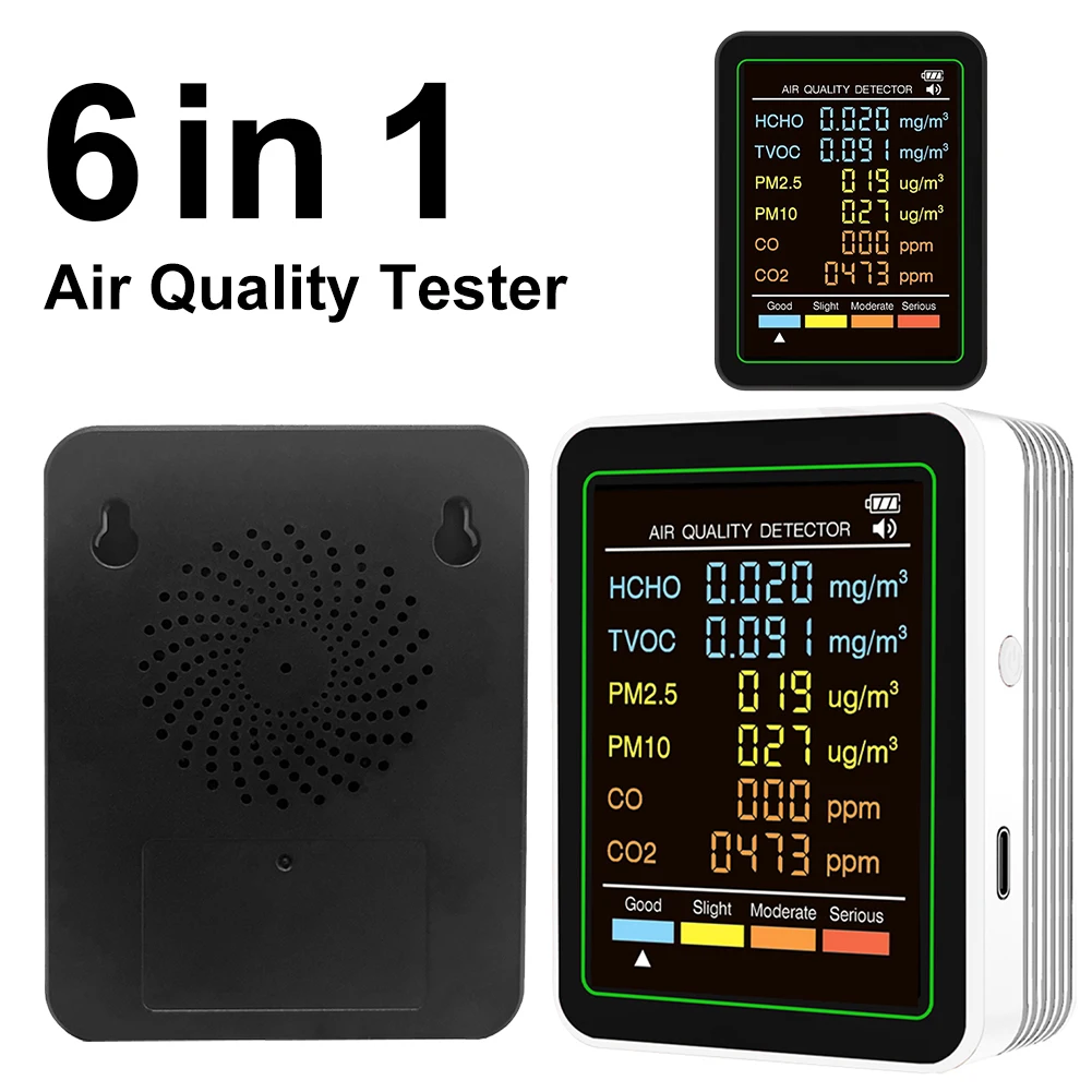 6-in-1 Air Quality Meter Real-Time Formaldehyde TVOC PM2.5 PM10 Carbon Dioxide CO Tester HCHO Detector for Office School & Hotel