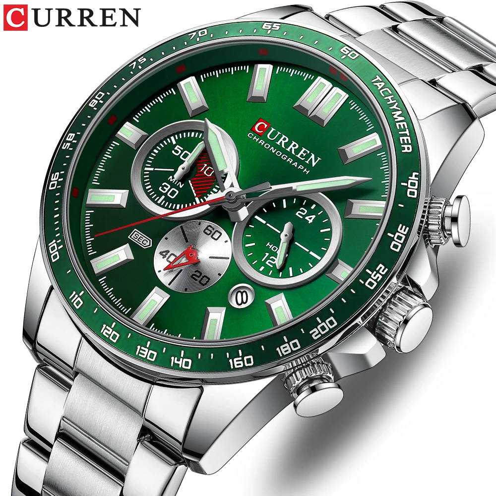 CURREN  New 2022 Stainless Steel Quartz Wristwatches for Men Sports Chronograph Watches with Luminous Hands