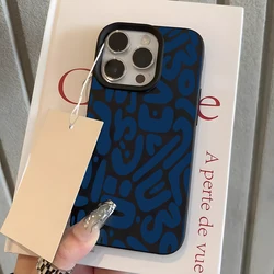 Blue Abstract Letter Pattern Lychee Soft Phone Case Cover - iPhone 15 Plus (Black)