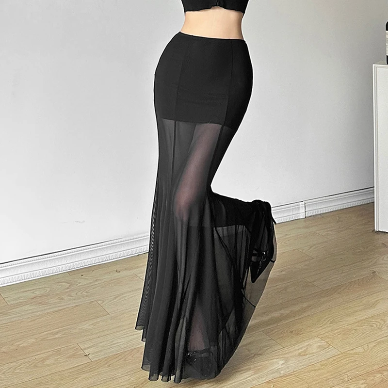 Elegant Skirt Women y2k Clothes See Through High Waist Fishtail Hem Mesh Bodycon Skirt 2000s Party Skirts Streetwear
