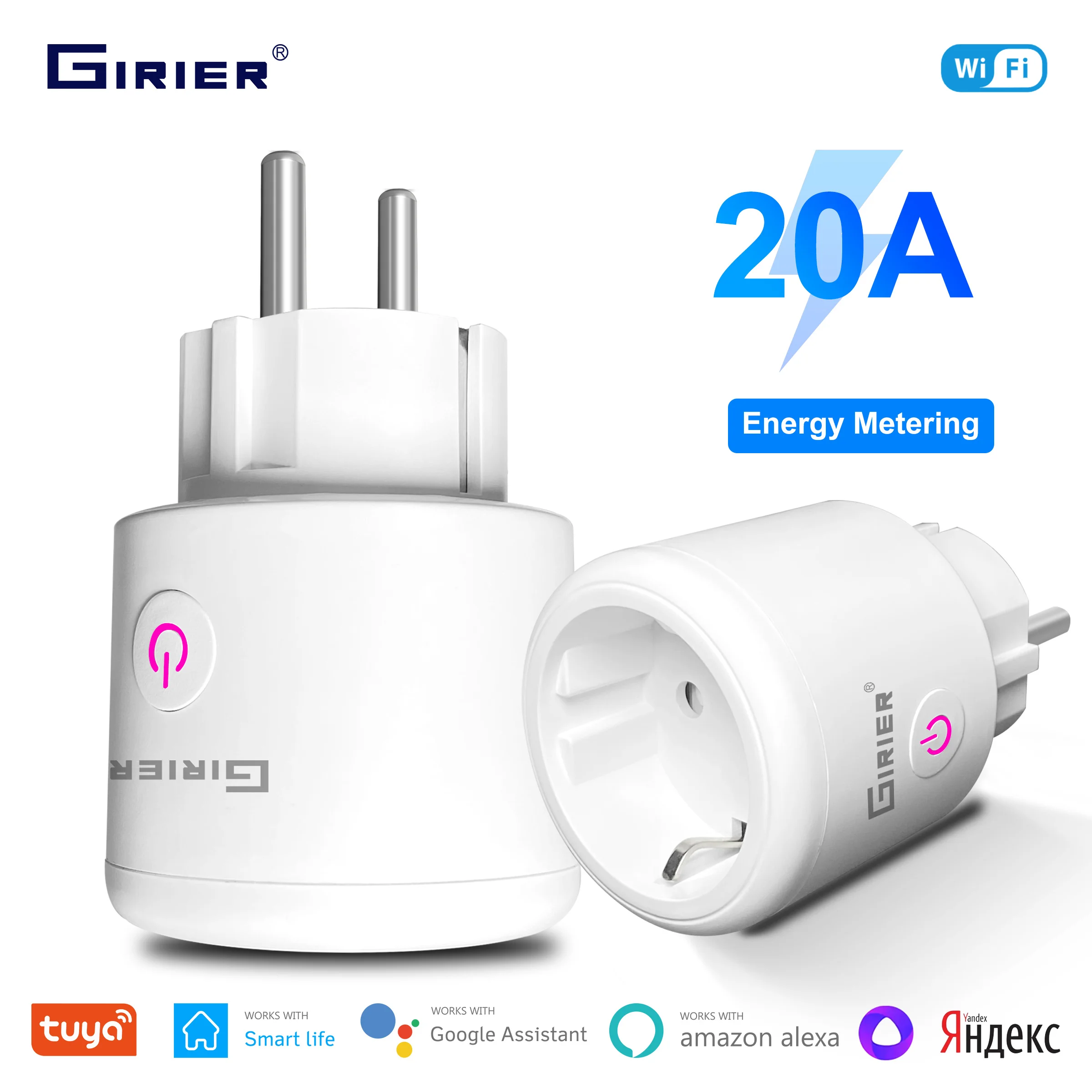 GIRIER Tuya สมาร์ท Wifi ปลั๊ก EU พร้อมการตรวจสอบพลังงาน 20A สมาร์ท Socket Outlet 4200W ใช้งานร่วมกับ Alexa เฮ้ Google Yandex Alice 1