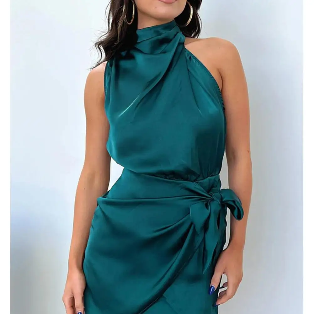 

Women's Summer Sleeveless Mini Dresses Satin Mock Neck Tie Waist Dresses Cocktail Female Party Evening Dress Streetwear