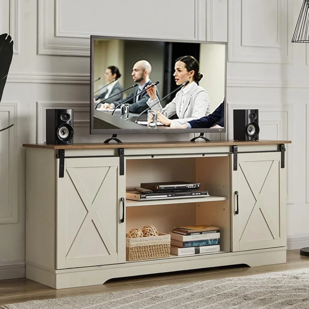 

Tv Tables Wood TV Stands for Living Room Media Console With Storage Cabinet & Adjustable Shelves Antique White Stand Furniture