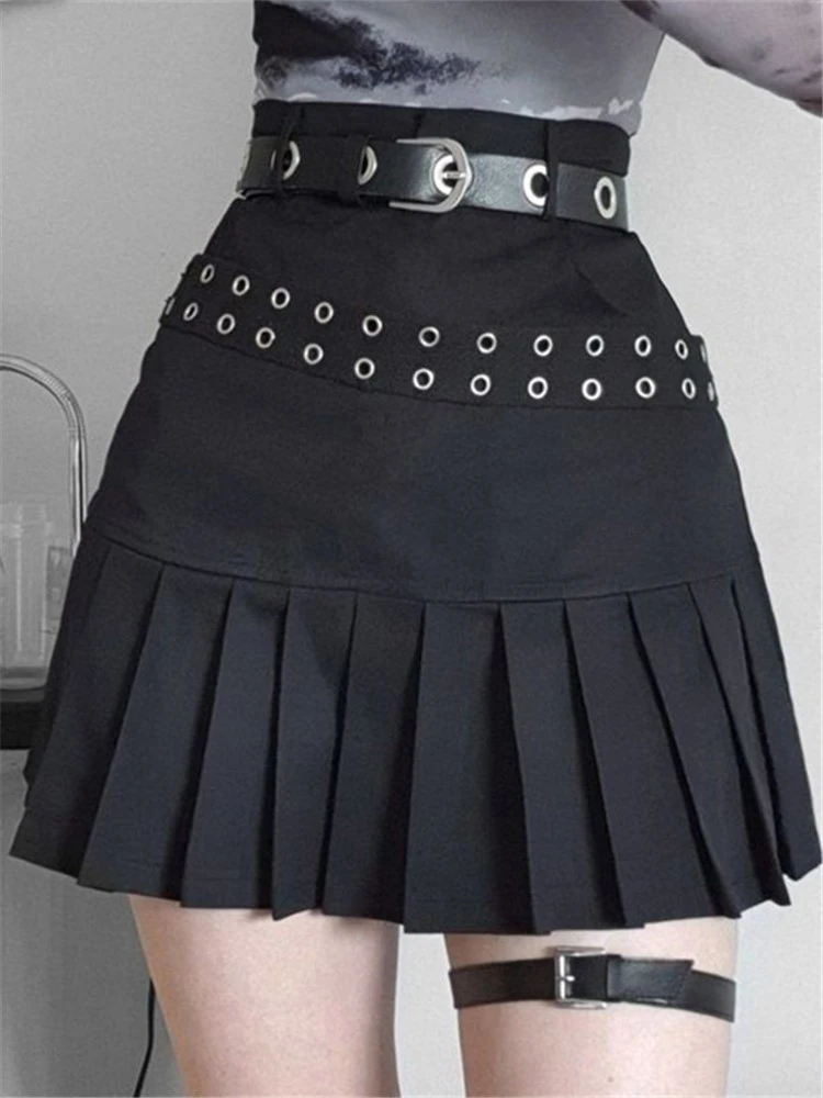 Slim  Fashion Rivet Solid Color Black Gothic High Waist Women Casual Vintage Mini Skirt A-line Skirts Young Girl Pleated Skirt mini skirts for women