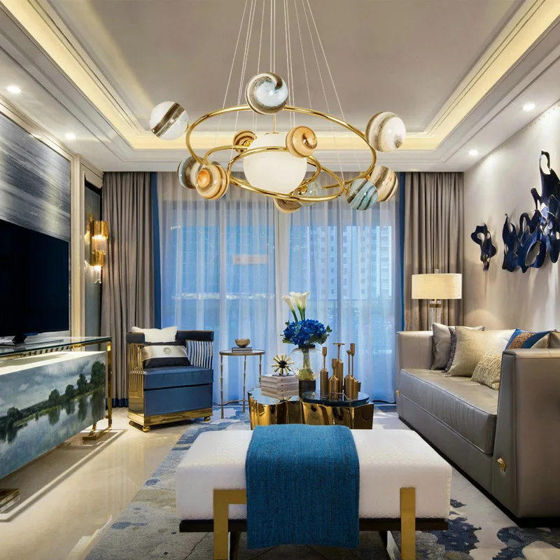 모던 크리에이티브 LED 유리 볼 샹들리에, 로밍 지구 펜던트 램프, 거실 소년 침실 원형 아트 걸이식 조명 장식