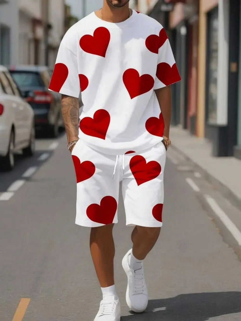 تي شيرت رجالي صيفي يسمح بمرور الهواء ومريح برقبة دائرية مع نمط مطبوع طقم مكون من قطعتين كاجوال للاستخدام الخارجي