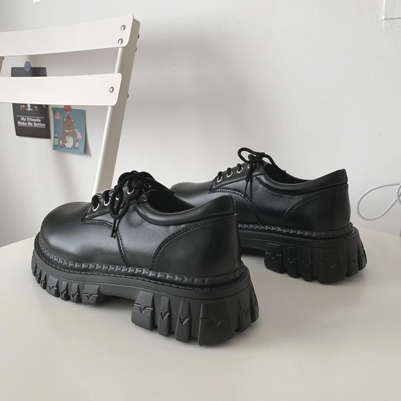 Rimocy Classic Black Platform Oxford Shoes for Women Spring Autumn Casual Lace Up Flats Woman Fashion Non-slip PU Leather Shoes
